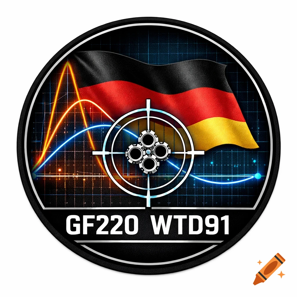 A circular emblem with a waving German flag, glowing data curves, a target reticle with gears, and text 'GF220 WTD91'.