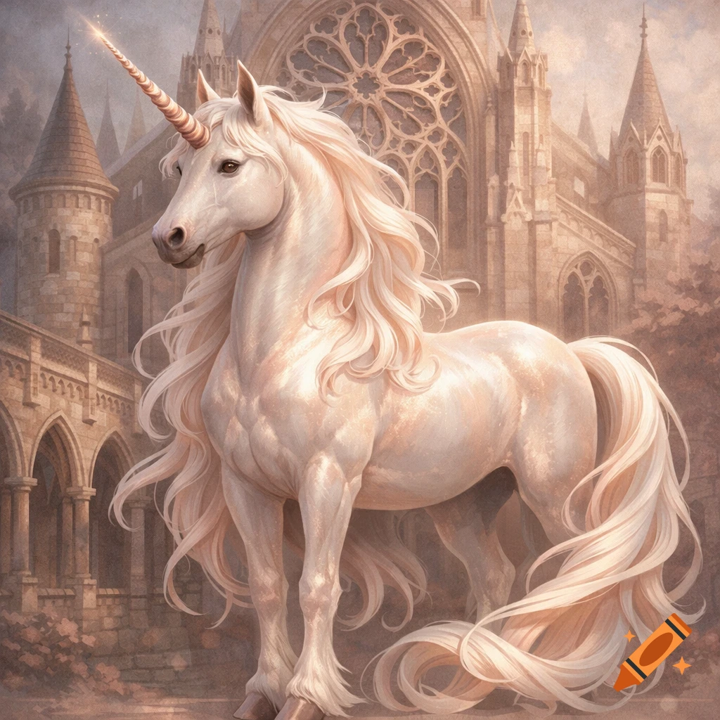 A majestic white unicorn with a sparkling horn and flowing mane stands before an ornate gothic cathedral in a sepia-toned fantasy art style.
