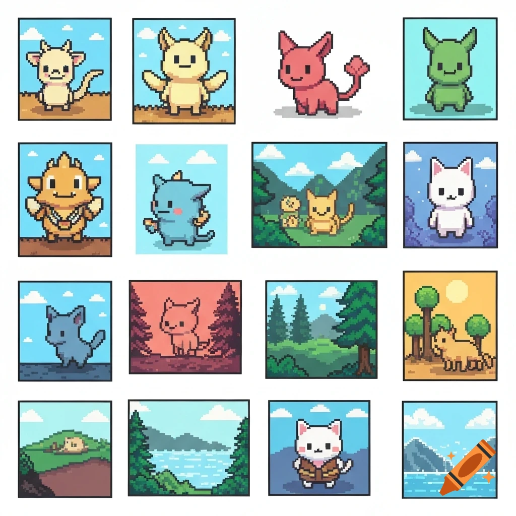 A grid of 16 pixel art illustrations featuring cute, cartoonish fantasy creatures and serene landscapes with trees, mountains, and water.