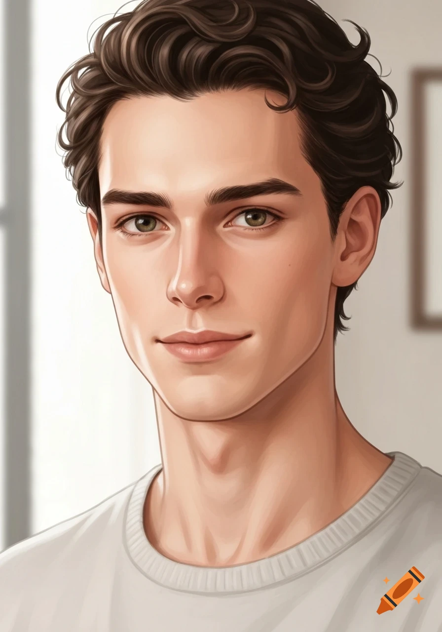 A semi-realistic illustration of a young man with dark wavy hair, fair skin, green eyes, and a light smile, wearing a light grey crew-neck shirt.