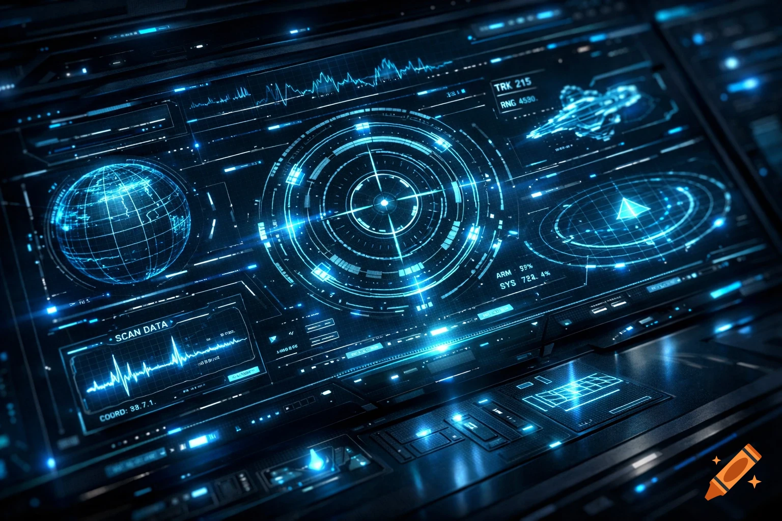 A glowing blue futuristic heads-up display (HUD) with data, graphs, a spinning globe, a radar graphic, and a spaceship icon.