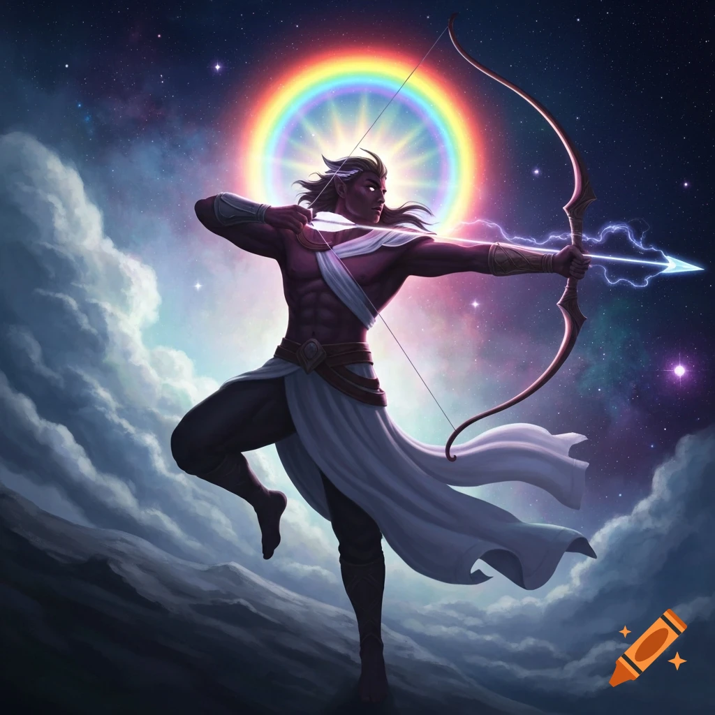 Fantasy archer with dark skin and glowing eyes, shooting a lightning arrow under a rainbow halo and starry night sky.