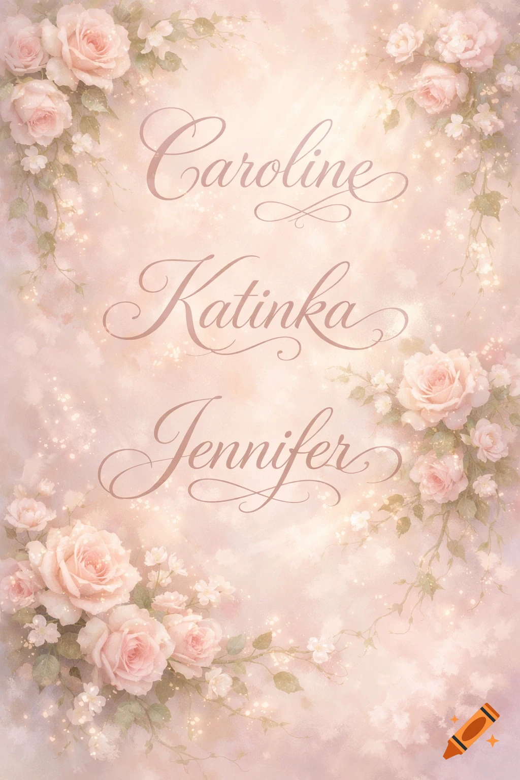Light pink aesthetic wallpaper with pink roses and sparkling effects, featuring names Caroline, Katinka, and Jennifer in elegant script.