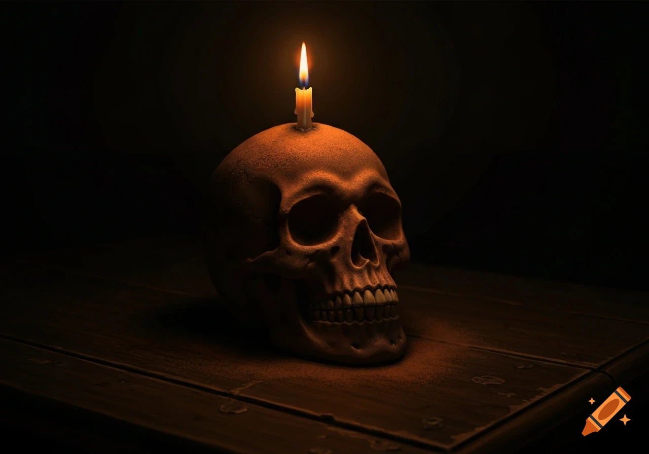 A dimly lit image of a human skull with a burning candle on its crown, resting on a textured wooden table.