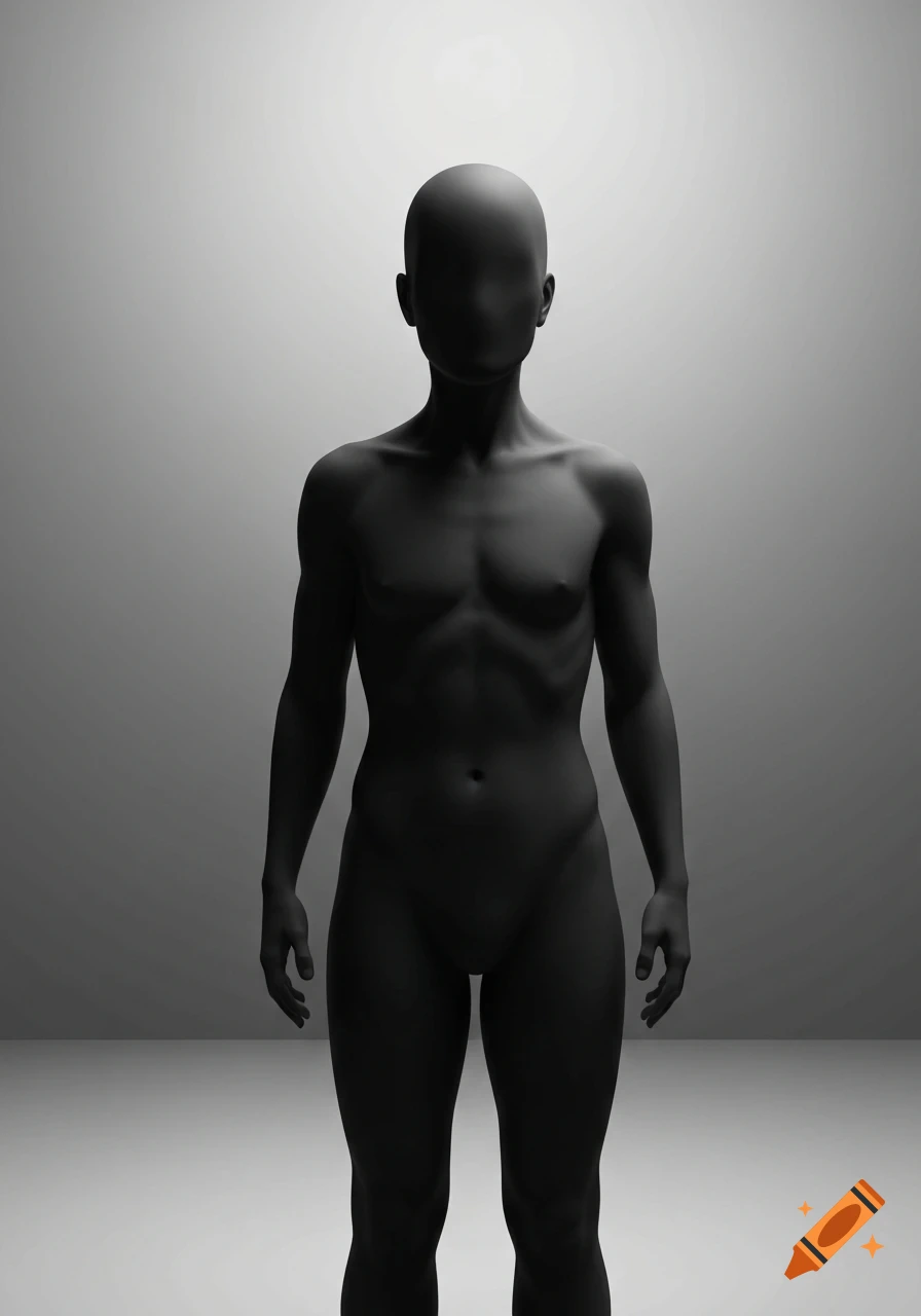 A black, faceless, gender-neutral mannequin stands against a minimalist gray background with soft lighting.