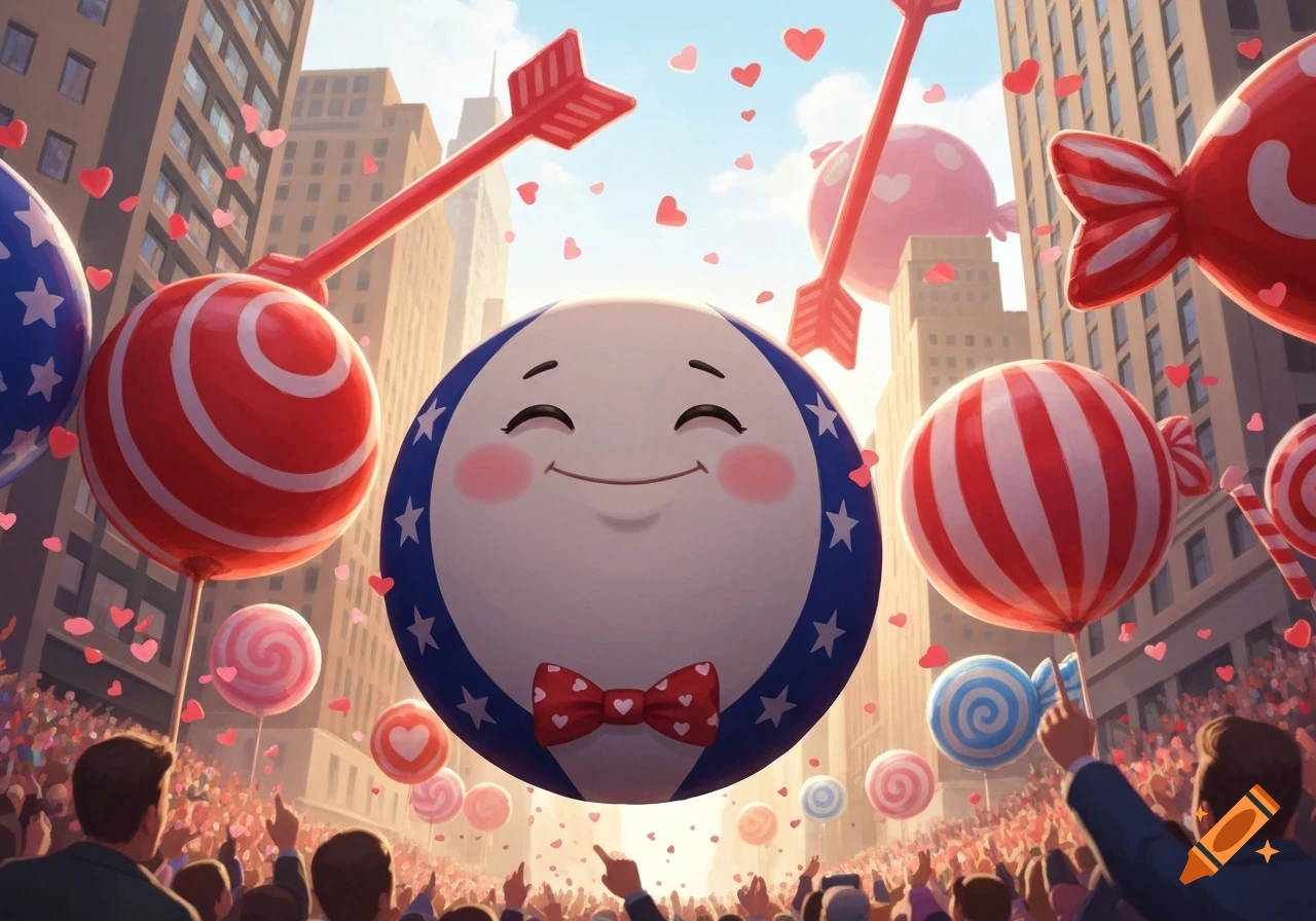 A cheerful USA-themed cartoon sphere mascot floats in a city parade with candy balloons and heart confetti over a crowd.