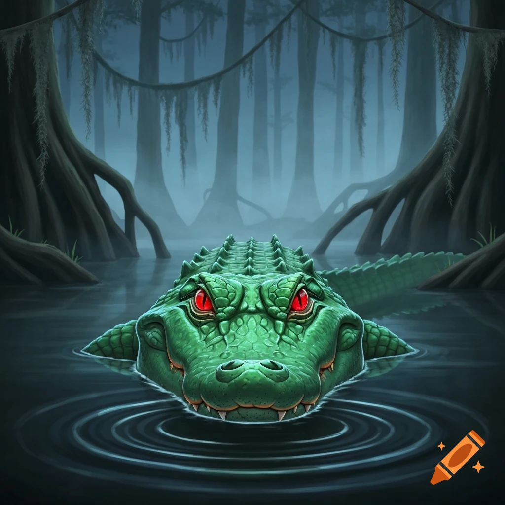 A green alligator with red glowing eyes partially submerged in dark swamp water, surrounded by misty cypress trees.