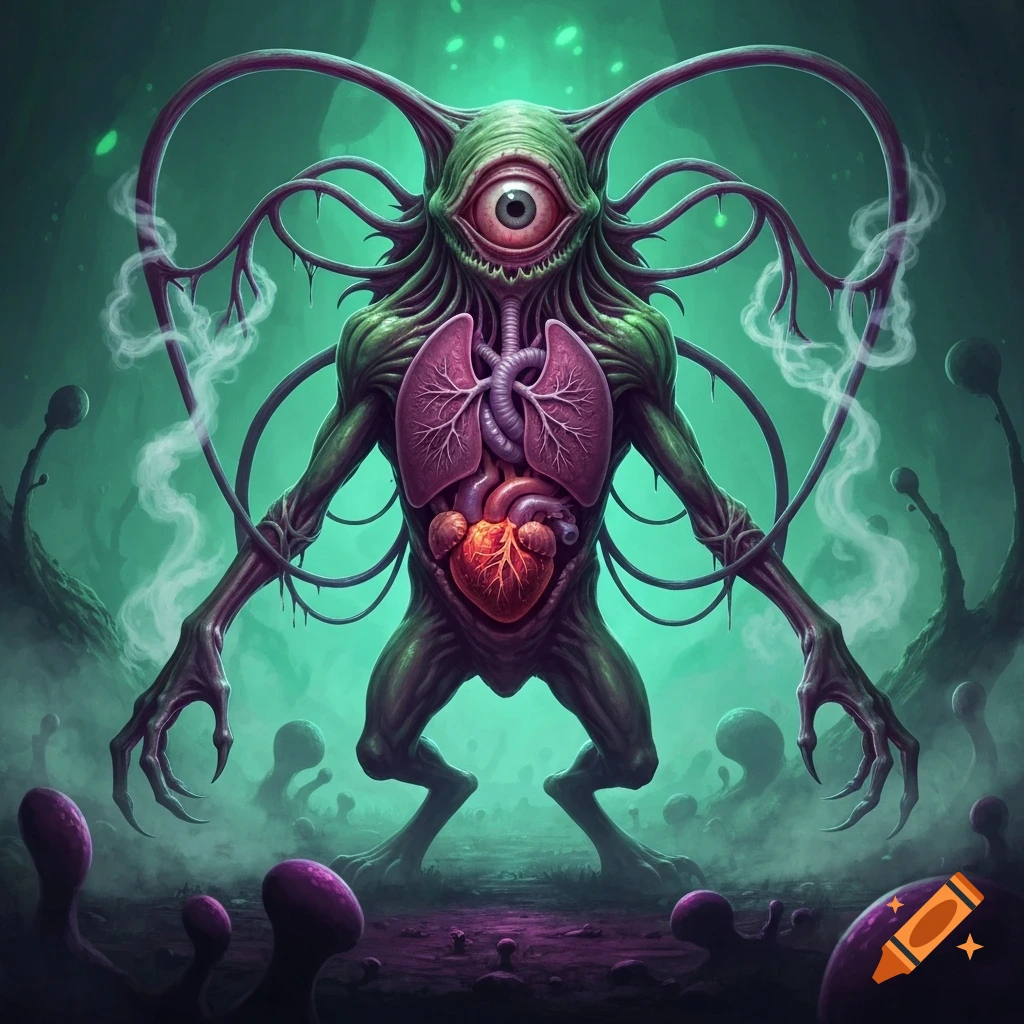 A grotesque green alien creature with a single large eye, exposed lungs, and heart, surrounded by organic cords in a misty, dark alien landscape.