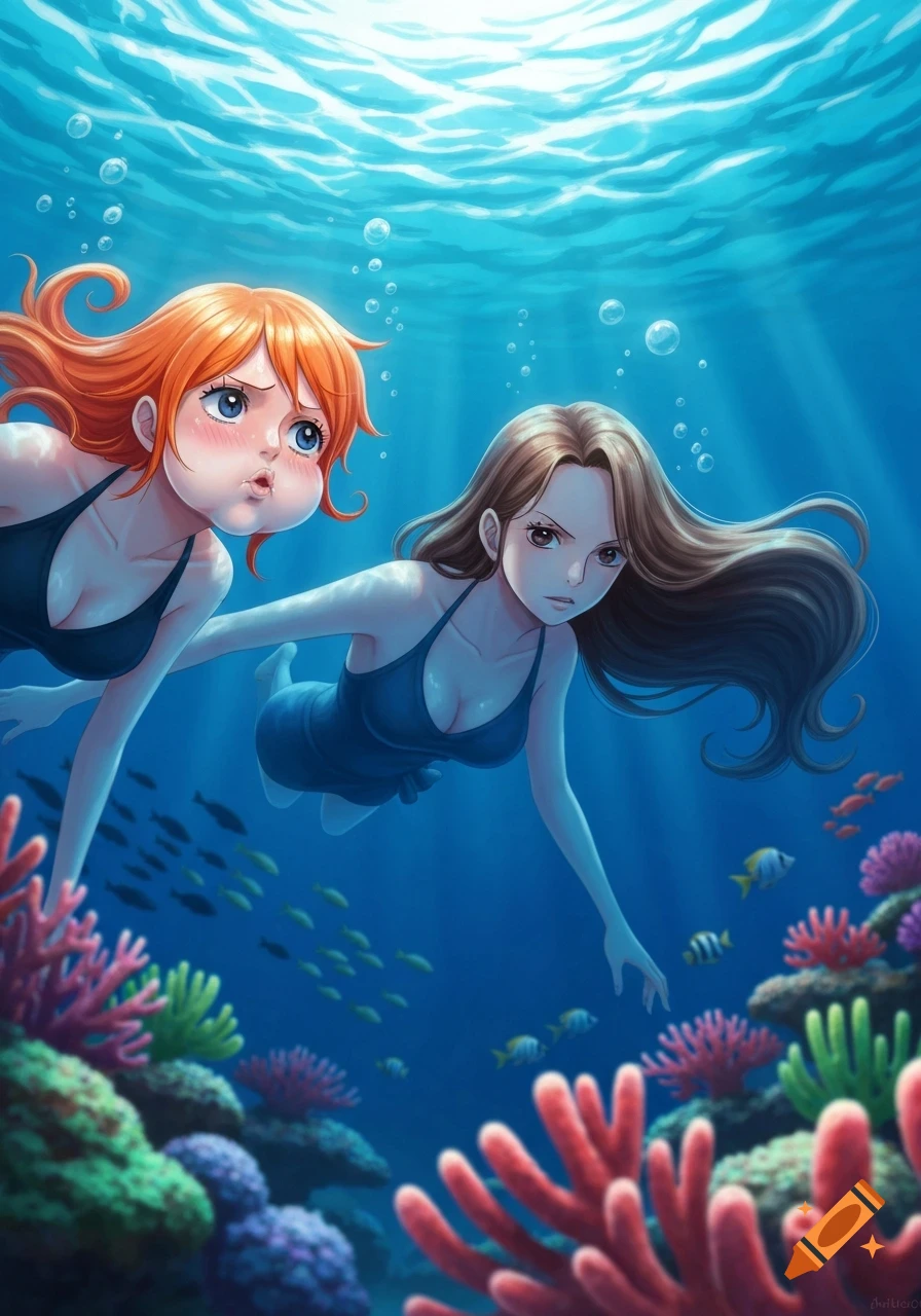 Anime illustration of Nami and Vivi from One Piece swimming underwater among coral and fish, with Nami holding her breath.