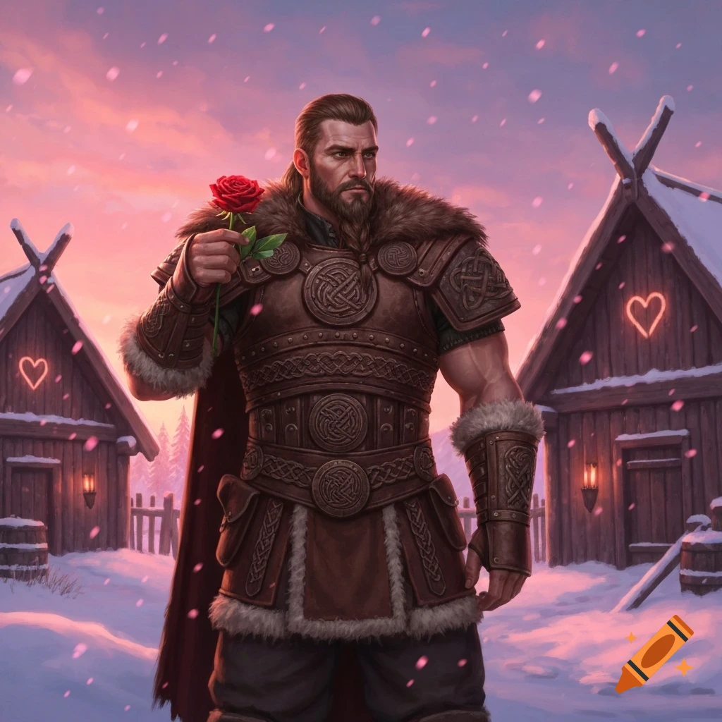 A muscular Viking-like man with a beard holds a red rose in a snowy village with heart-decorated houses at sunset, digital art.