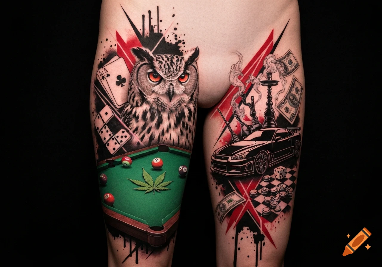Realistic trash polka style tattoos on thighs featuring an owl, playing cards, dominoes, billiard table with a cannabis leaf, a Nissan R34 car, hookah, checkers, and money.