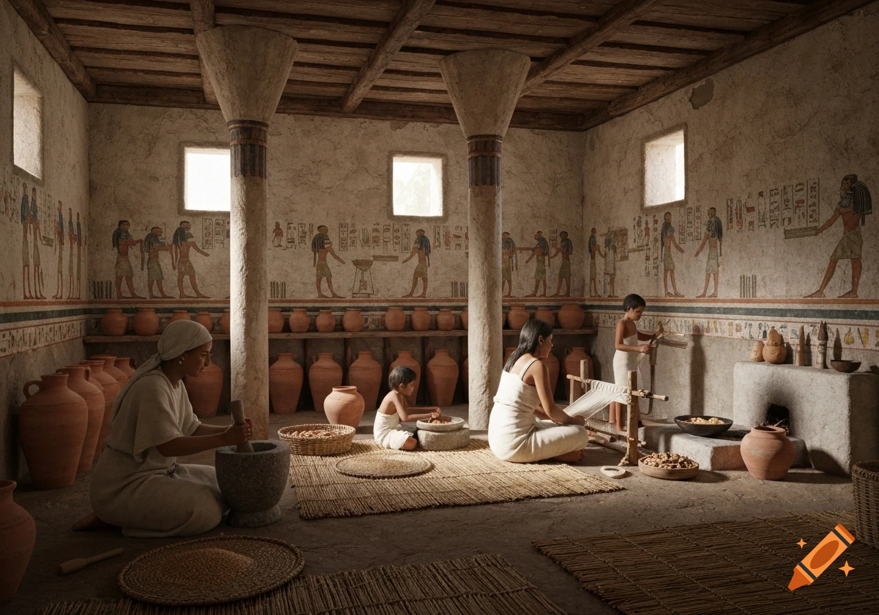 Photorealistic interior of an ancient Egyptian townhouse, with people grinding grain and weaving linen amidst pottery and wall decorations.