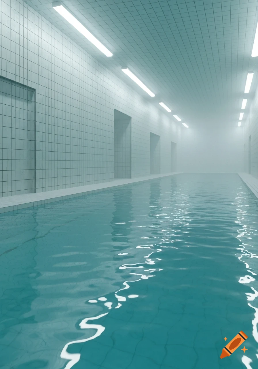 An empty, eerie indoor swimming pool with white tiled walls, fluorescent lights on the ceiling, and a misty atmosphere.