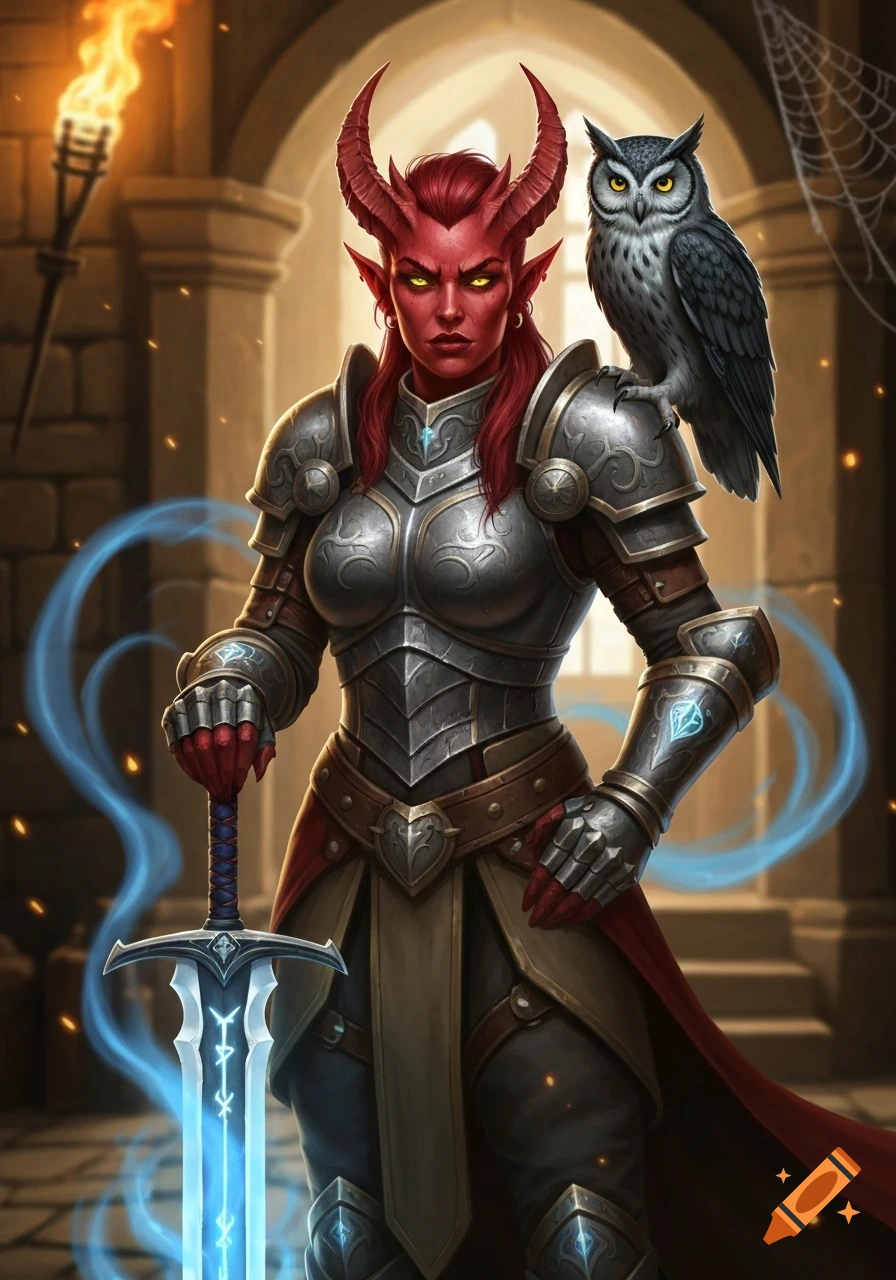 Red-skinned tiefling fighter in silver armor holds a glowing blue sword, an owl perched on her shoulder in a stone hall.