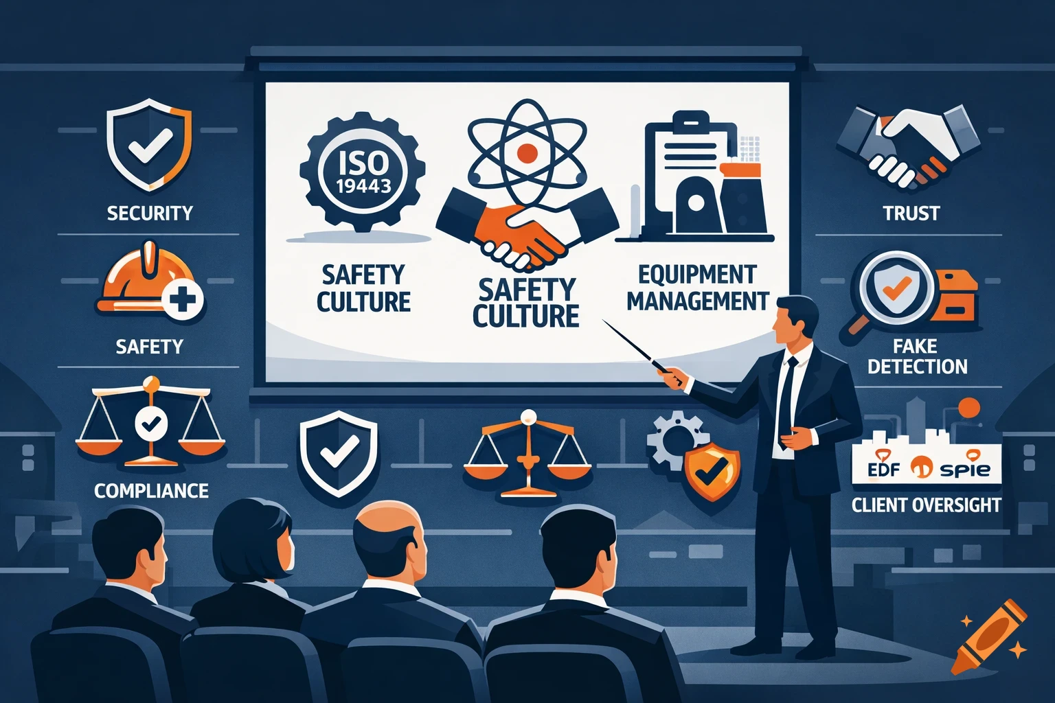 Professional illustration of a man presenting nuclear safety training with icons for ISO 19443, safety culture, and client oversight.