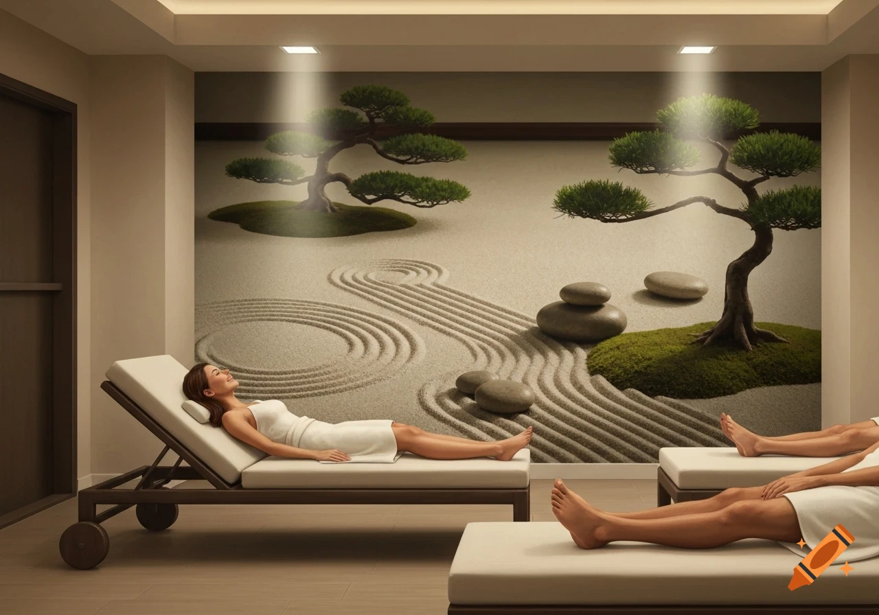 Two people relax on loungers in a wellness room with a large photorealistic Zen garden mural on the wall.
