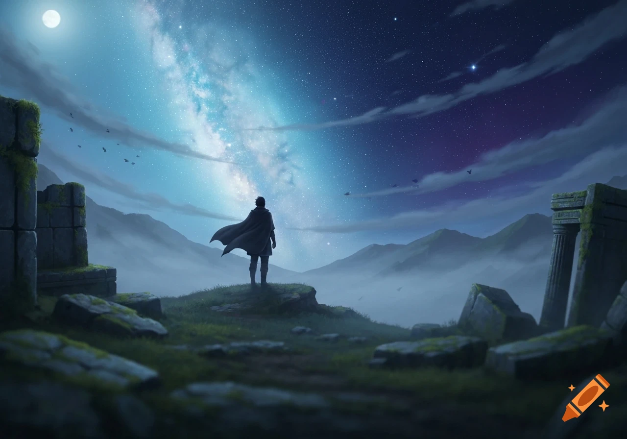 A lone figure in a cape stands on a hill overlooking misty mountains ...