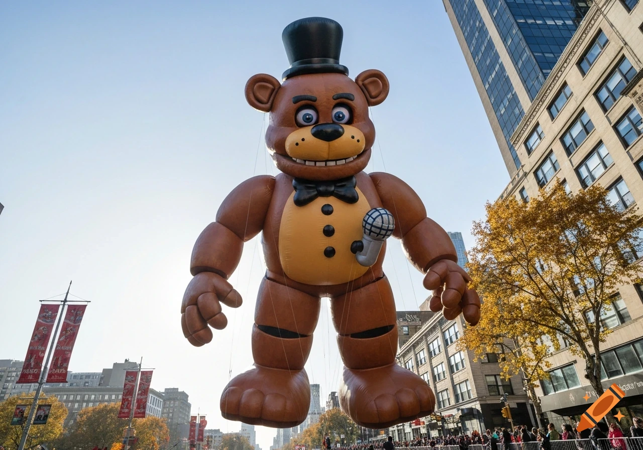 A giant Freddy Fazbear balloon floats high above a city street during a parade, with tall buildings and autumn trees in the background.