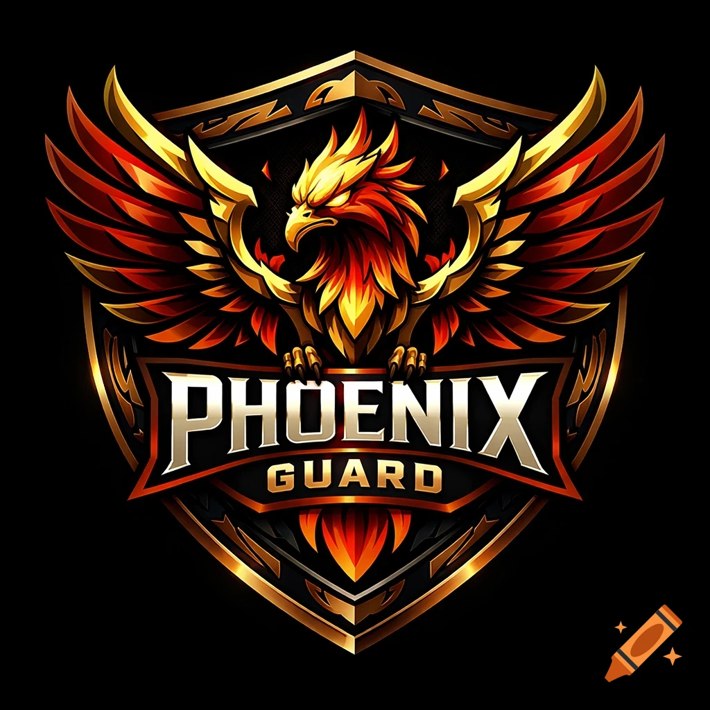 A fiery phoenix emblem in red and gold on a dark shield, with the text 'PHOENIX GUARD' below it. Gaming logo style.