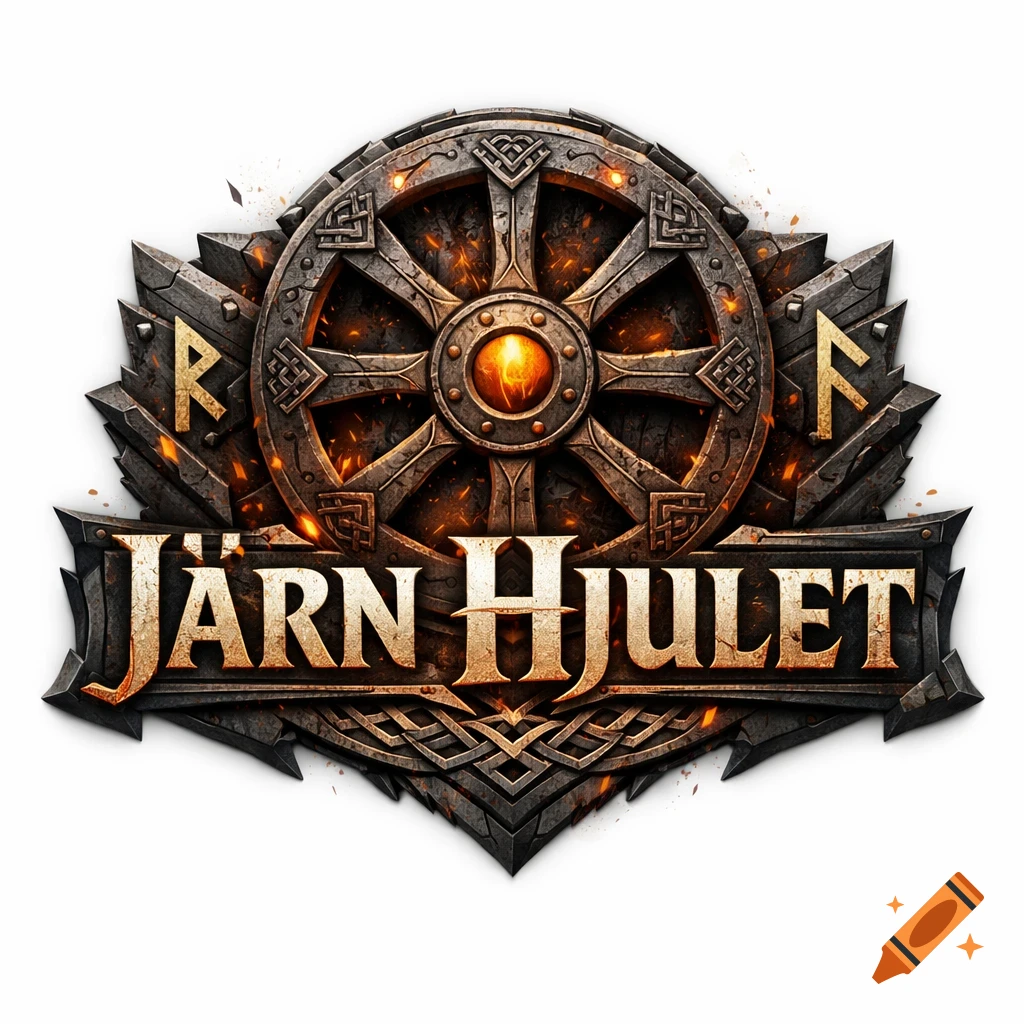 A dark, intricate fantasy logo featuring a large iron wheel with a glowing orange center, accented by runic symbols and the text 'JÄRN HJULET'.