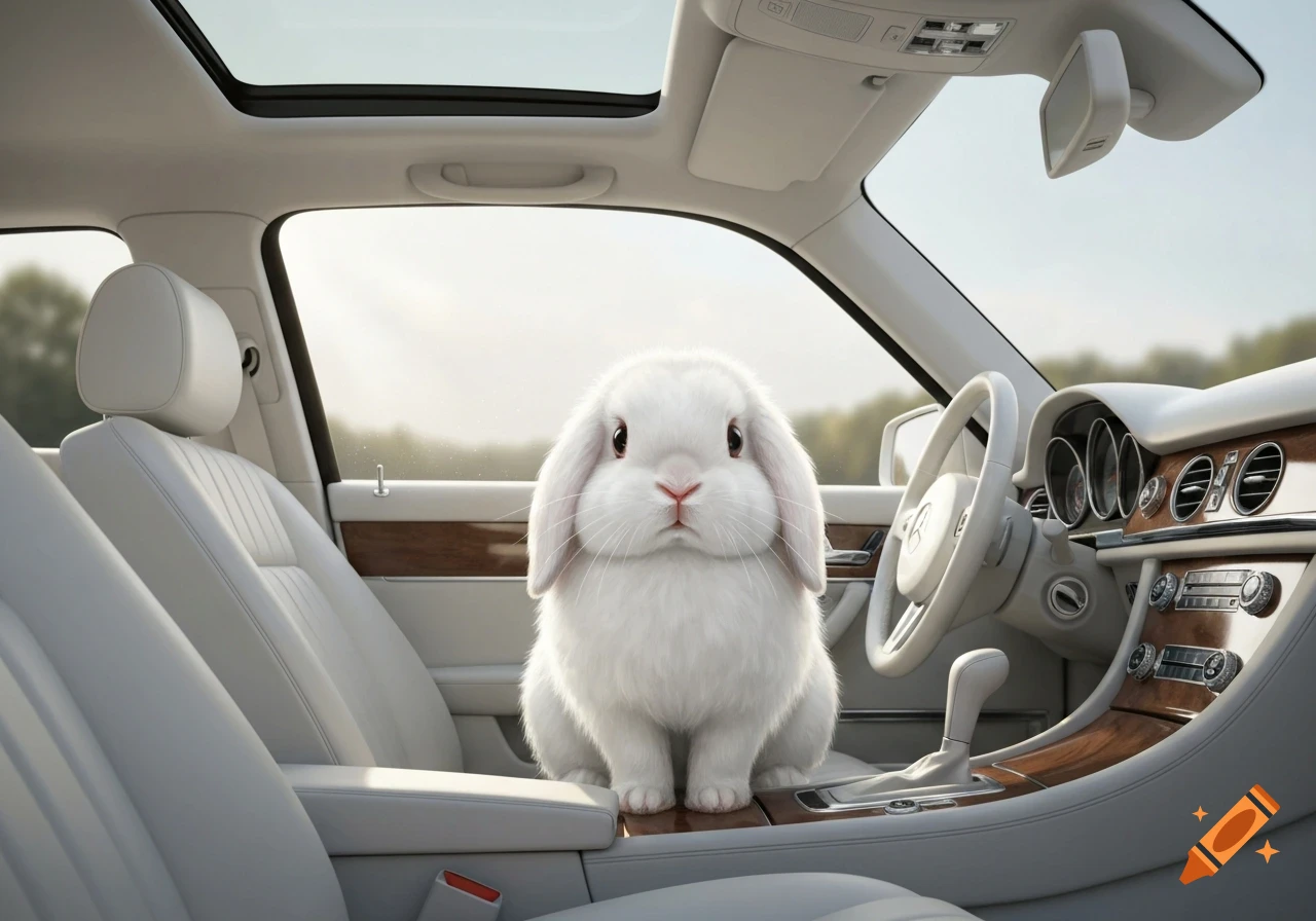 A fluffy white mini lop rabbit with floppy ears sits in the driver's ...