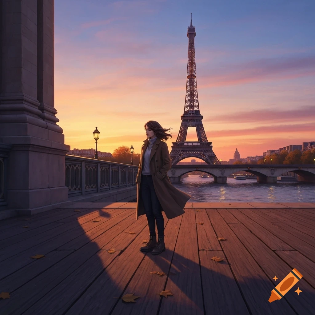 A woman in a long coat stands on a wooden promenade by the Seine river, looking towards the Eiffel Tower at a colorful sunset.