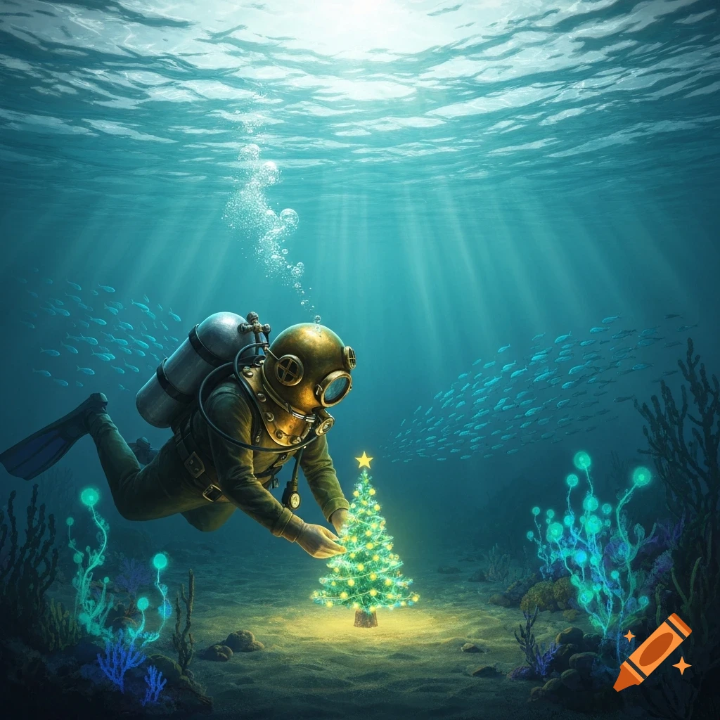 A deep sea diver in an old-fashioned suit places a glowing Christmas tree on the ocean floor, surrounded by fish and shimmering light.