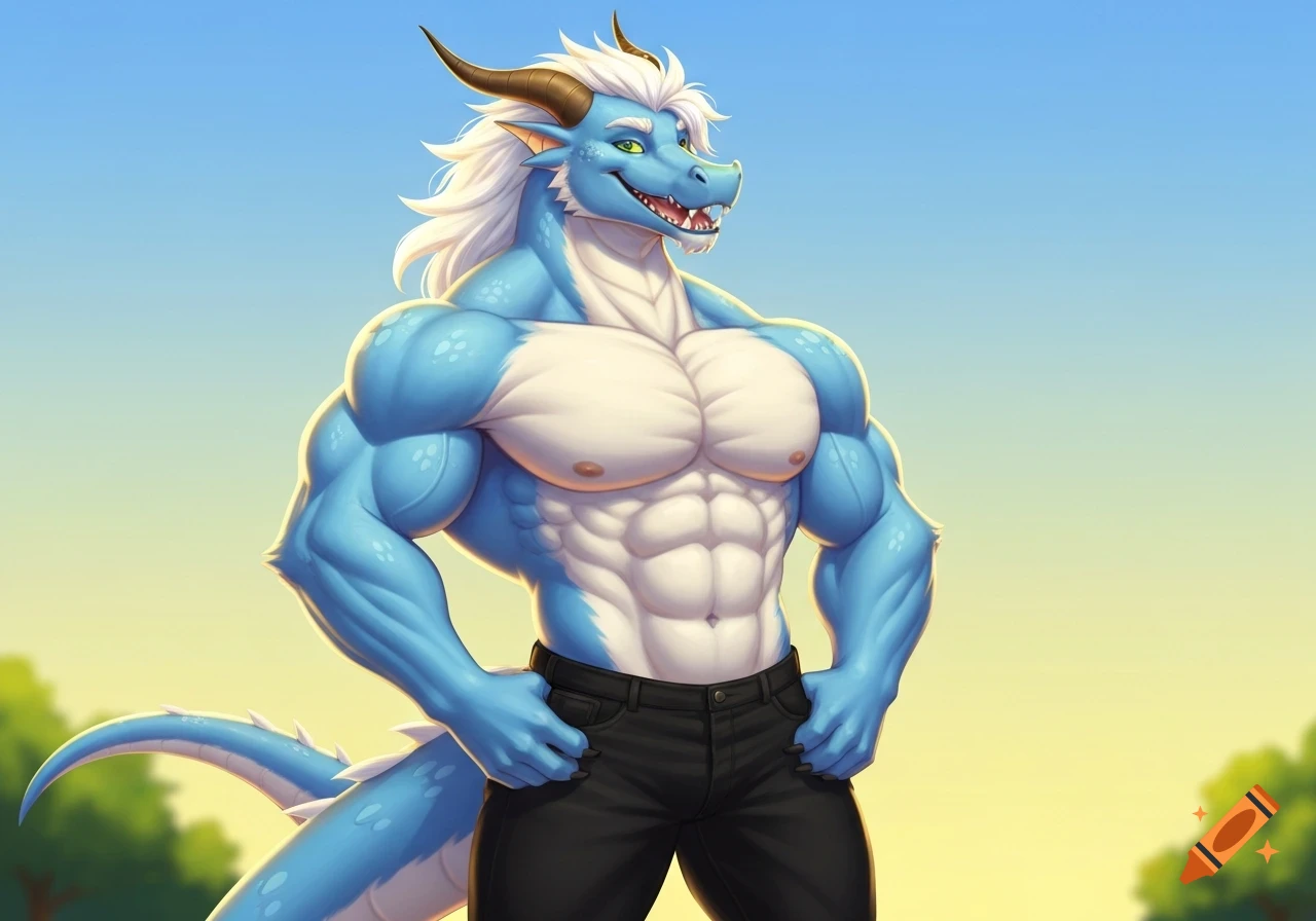 Muscular anthropomorphic light blue dragon with white hair and black jeans stands outdoors.