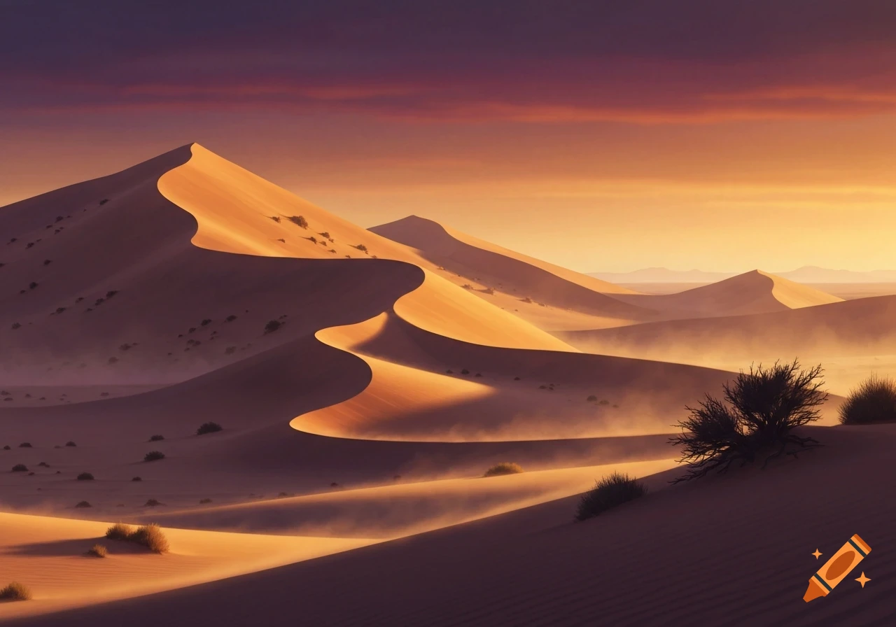 Photorealistic desert landscape with winding sand dunes under a ...