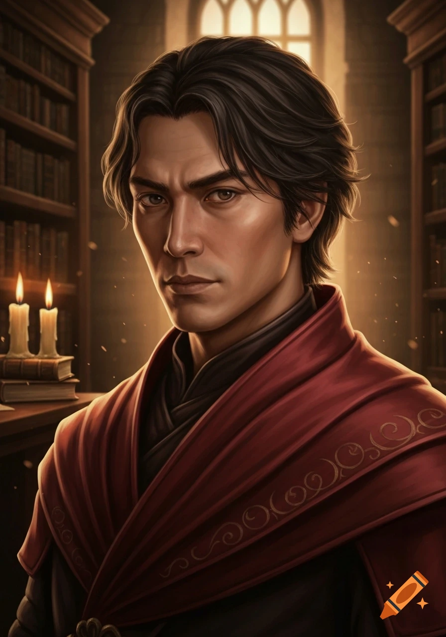 A dark-haired man in a red, ornate robe stands in a dimly lit library with candles and bookshelves.