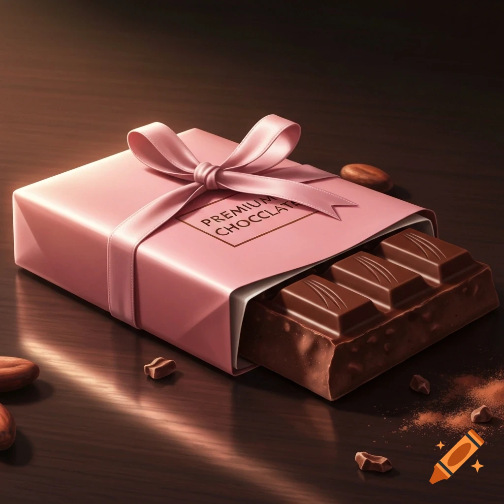 A chocolate bar partially unwrapped from a pink gift box with a ribbon, surrounded by cocoa beans on a wooden surface.
