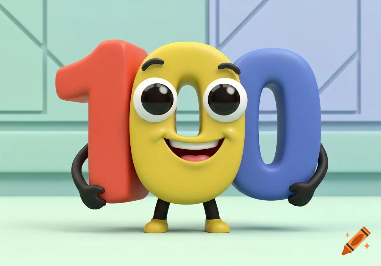 A friendly, happy cartoon number 100 character in a 3D animation style. The '1' is red, and the '0's are yellow and blue, with the yellow '0' having a smiling face and large eyes.