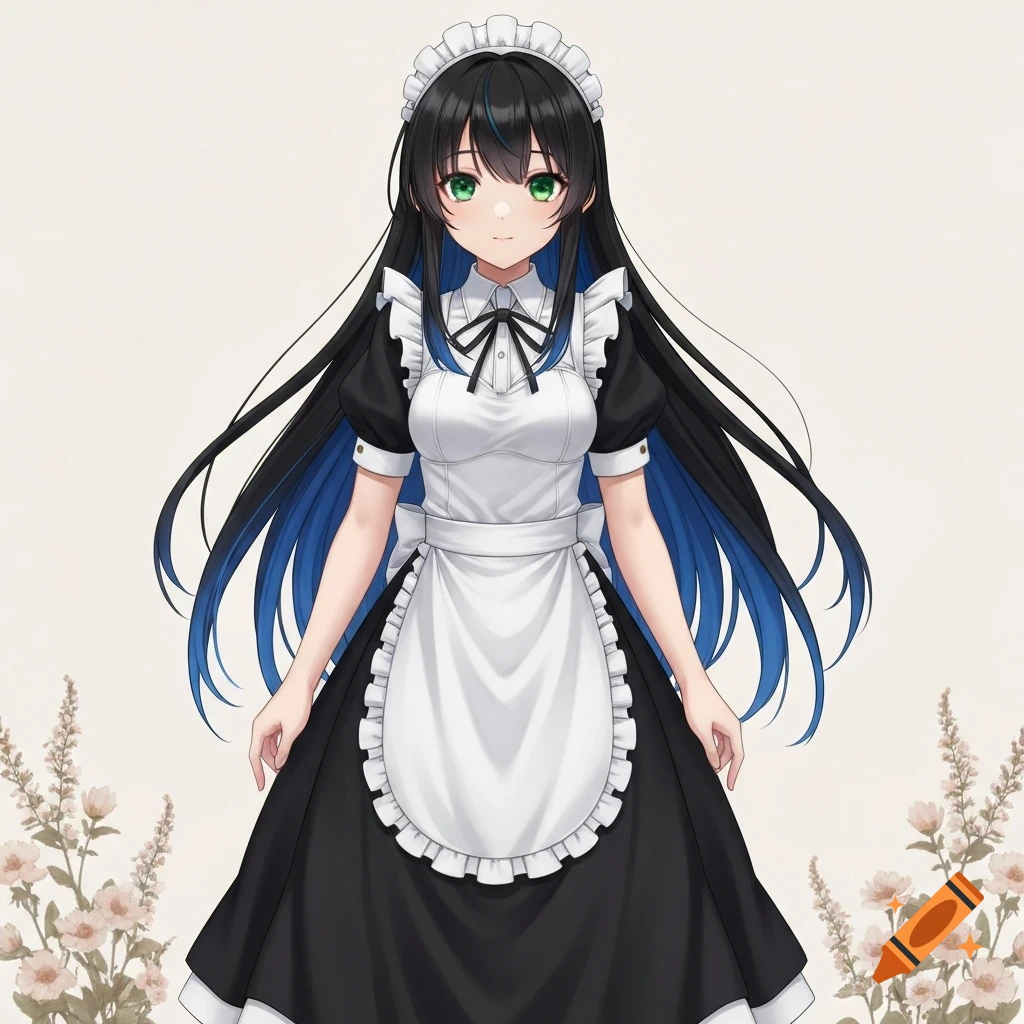 Anime maid with long black hair with blue tips and green eyes, wearing a black and white uniform, against a soft floral background.