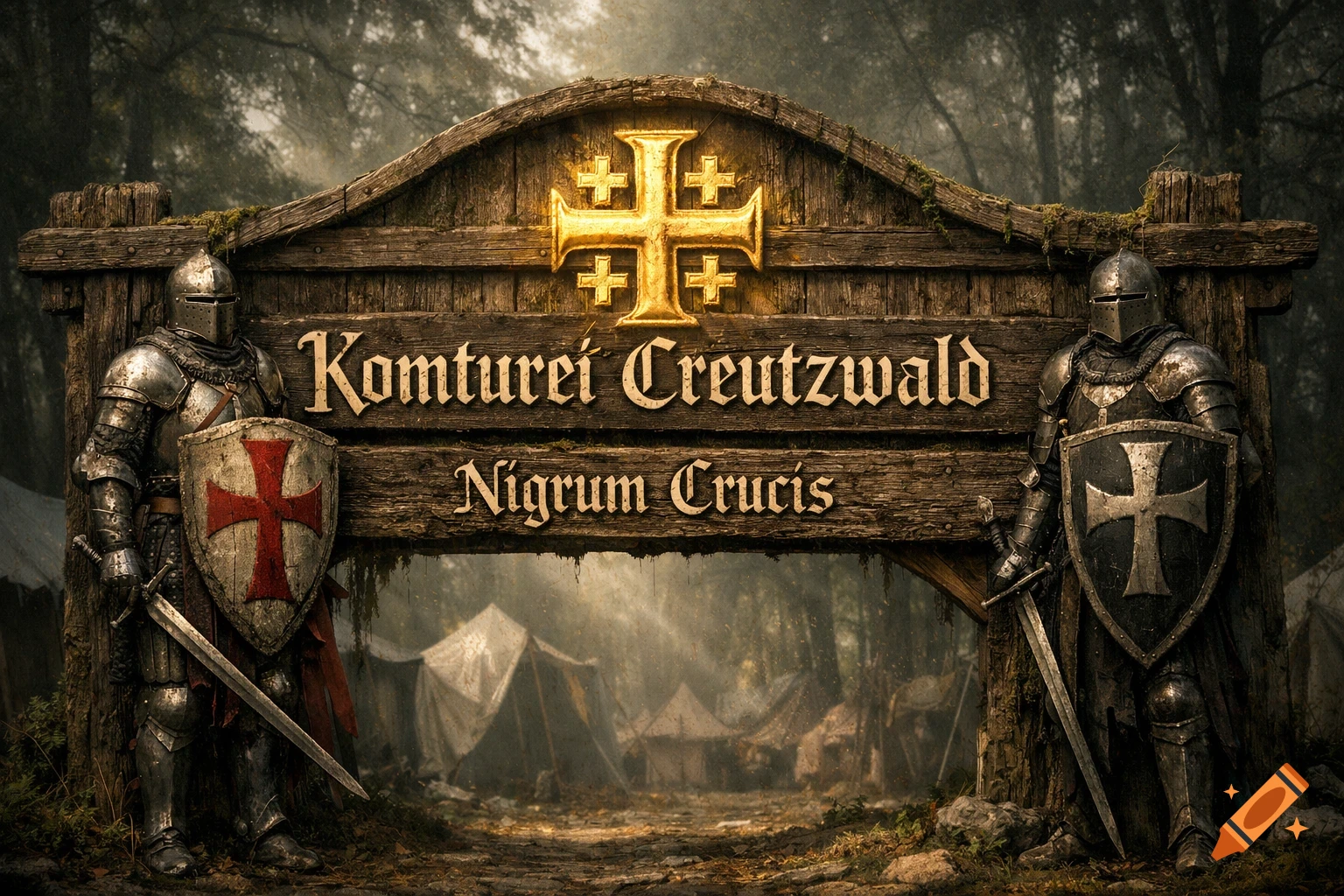A medieval wooden archway with a golden Jerusalem cross, flanked by two armored knights with shields, leading to a misty forest camp.