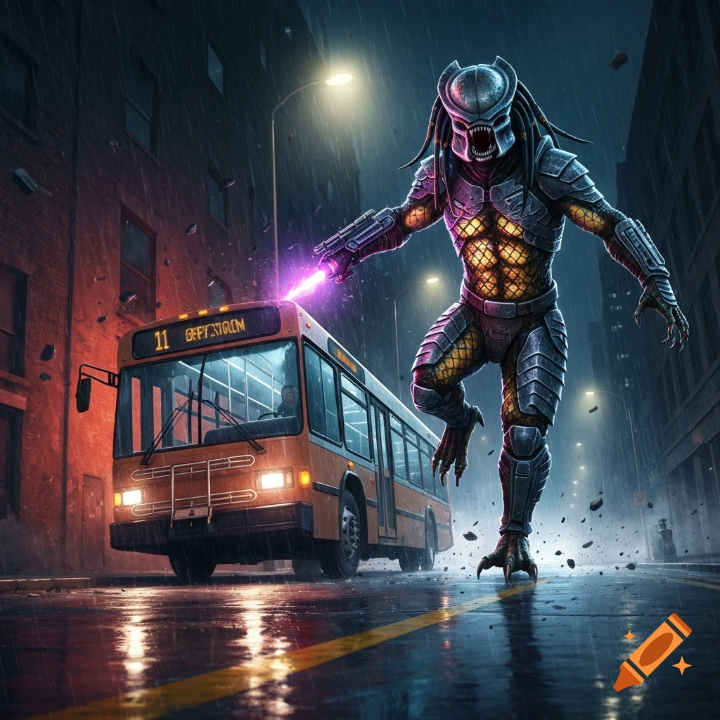 A Predator movie character, glowing yellow and purple, lunges at a yellow city bus on a dark, rainy street.