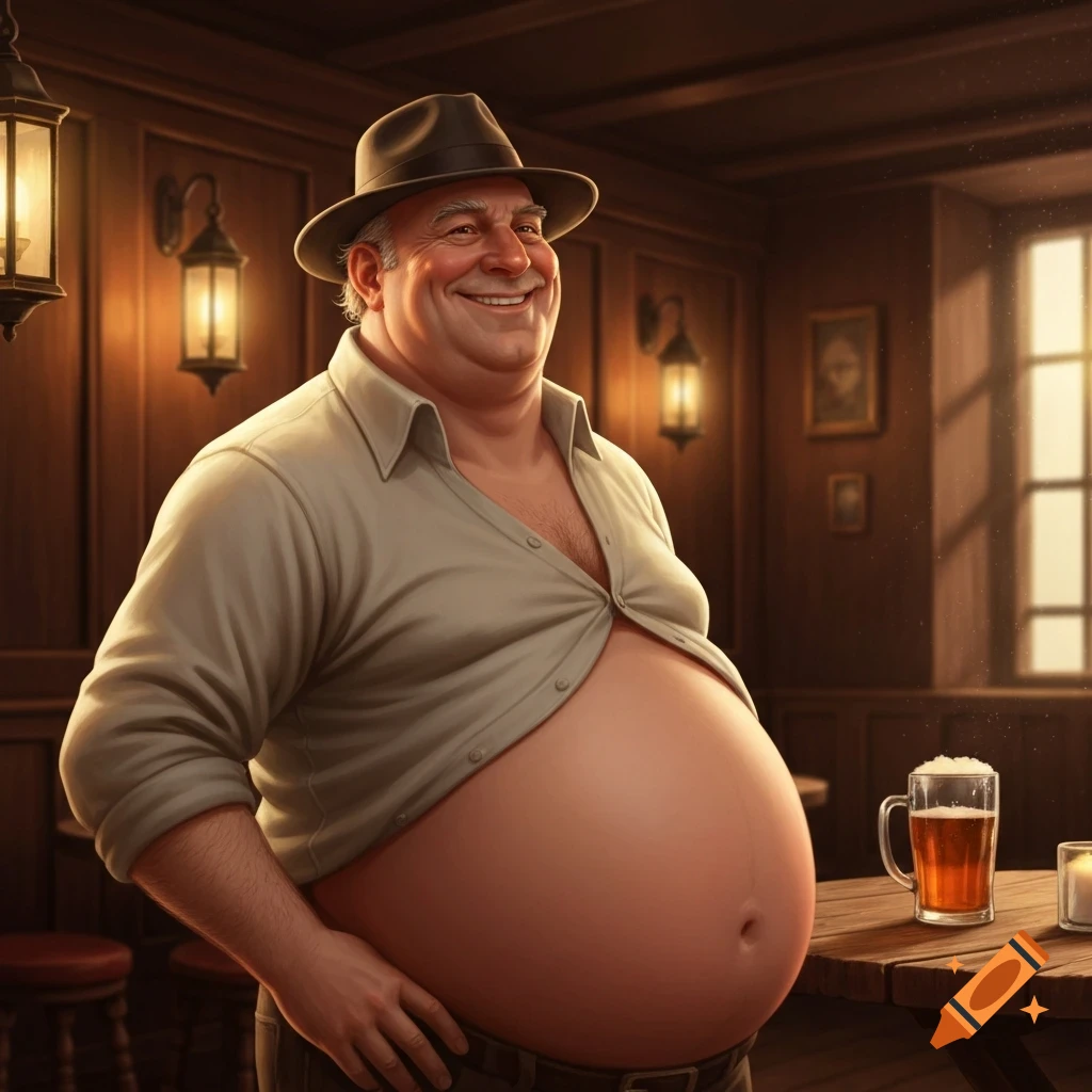 A smiling, overweight man in a hat with his large belly exposed by an unbuttoned shirt, standing in a cozy pub with a beer.