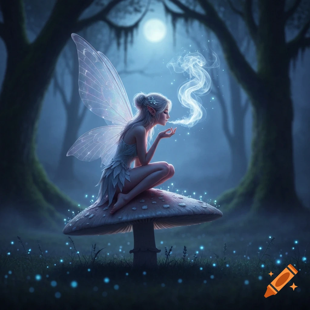 A blonde fairy with transparent wings crouches on a large mushroom in a mystical, blue-lit forest, blowing magical smoke.