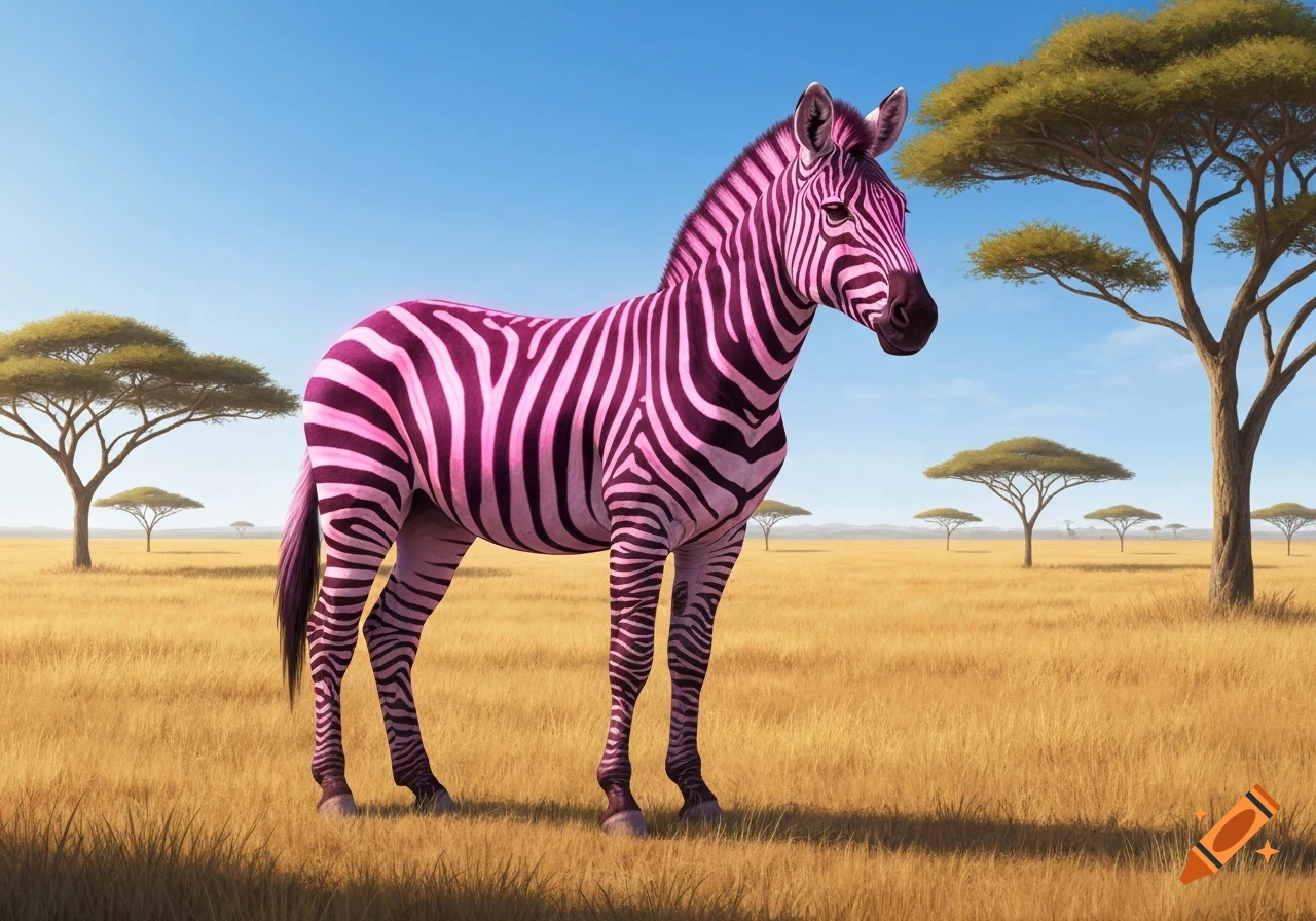 A photorealistic pink and dark purple striped zebra stands in a golden savanna with acacia trees under a clear blue sky.