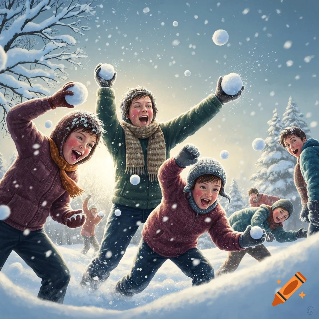 Children joyfully engaged in a dynamic snowball fight in a snowy winter landscape, illustrated in a vibrant, slightly painterly style.