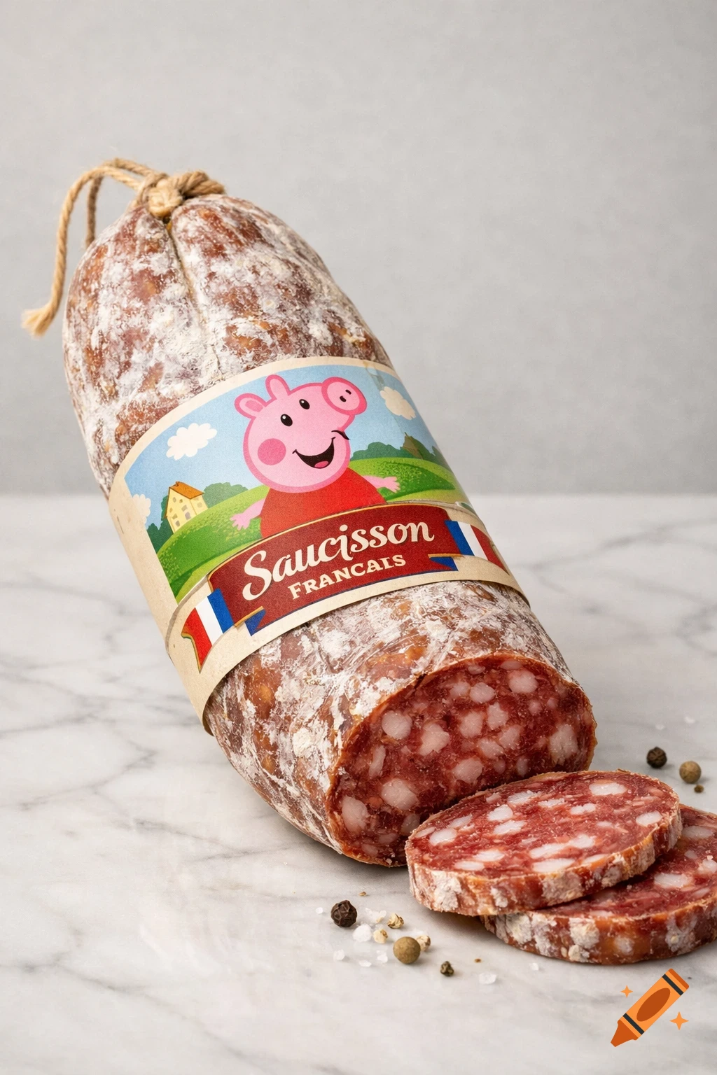 Photorealistic product shot of a sliced French salami with a Peppa Pig label on a marble surface.