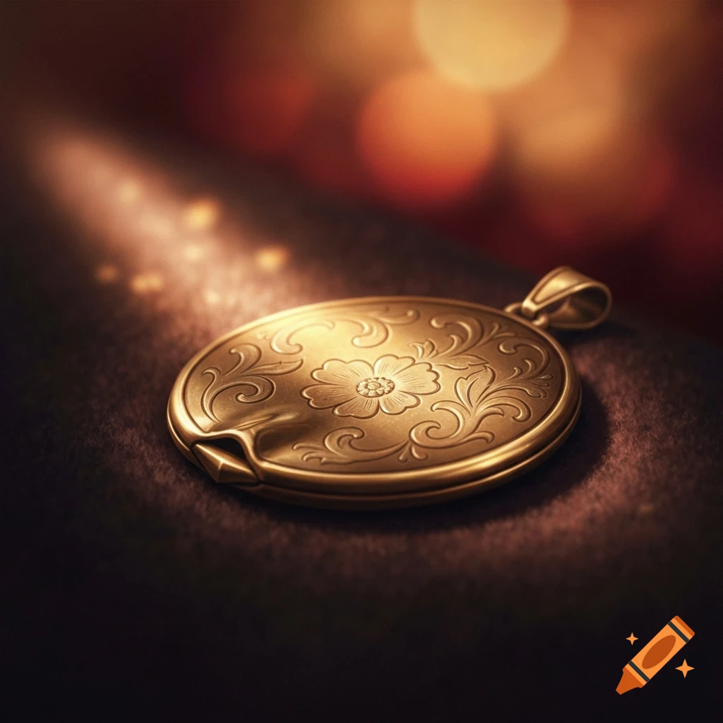 A close-up, photorealistic image of an ornate golden locket with a floral design, resting on a dark surface with warm bokeh lights.