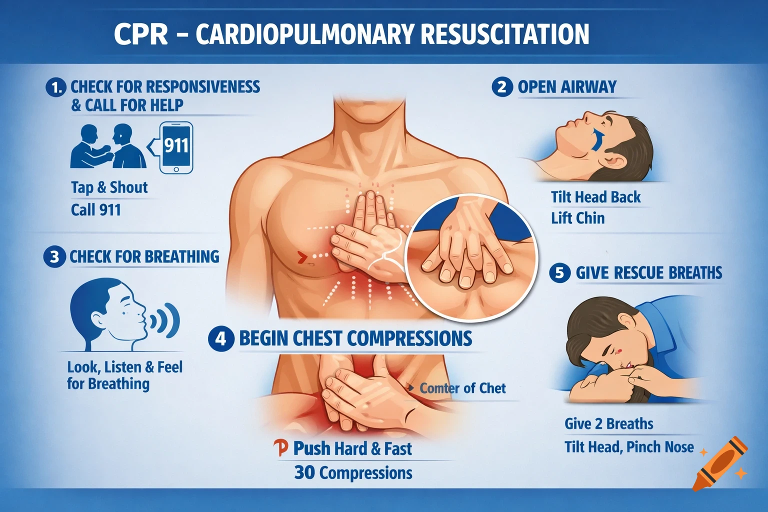 A step-by-step instructional poster for CPR (Cardiopulmonary Resuscitation) showing various techniques like checking for responsiveness, opening airway, checking breathing, chest compressions, and rescue breaths.