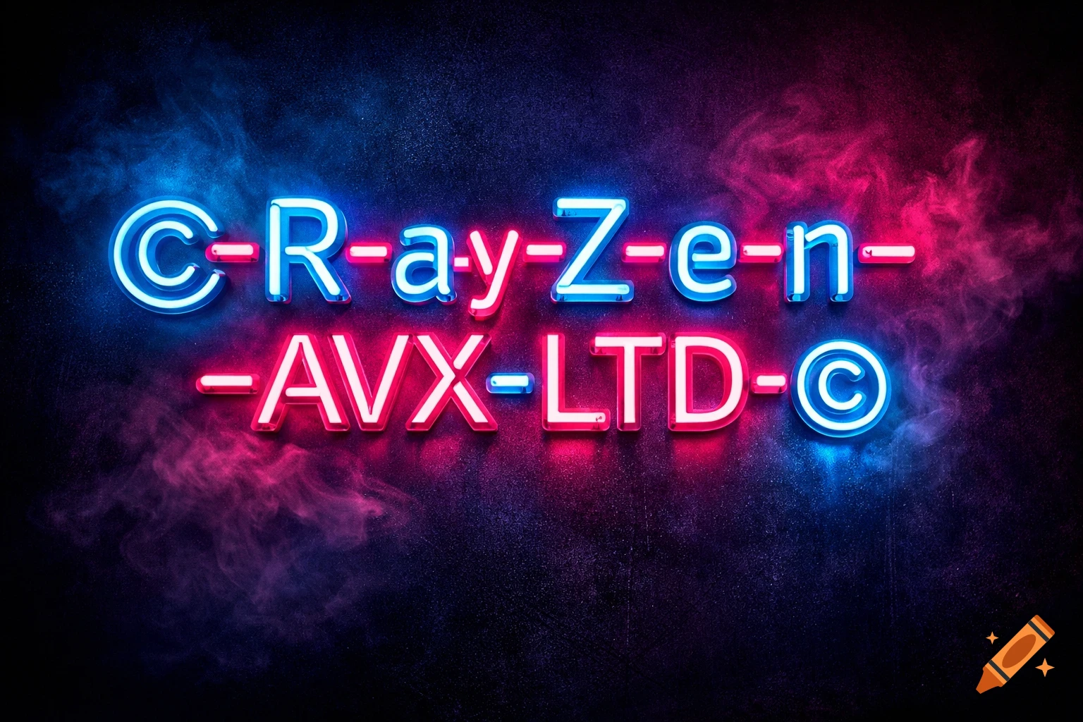 Neon sign displaying 'C-R-a-y-Z-e-n-AVX-LTD-C' in blue and pink lights with smoke on a dark, textured background.