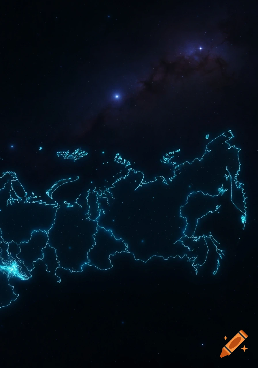 Blue glowing outline of Russia on a dark background with stars and nebulae in space.