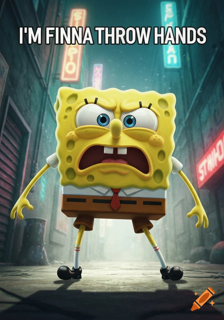 A 3D rendered, angry Spongebob SquarePants stands in a dark alley with neon signs, text reads "I'M FINNA THROW HANDS".