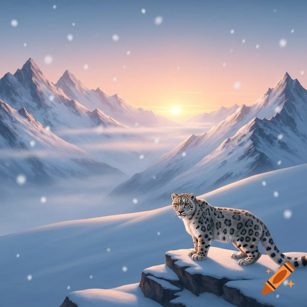 A snow leopard stands on a snowy rock, overlooking vast snow-covered mountains at sunset with falling snow.
