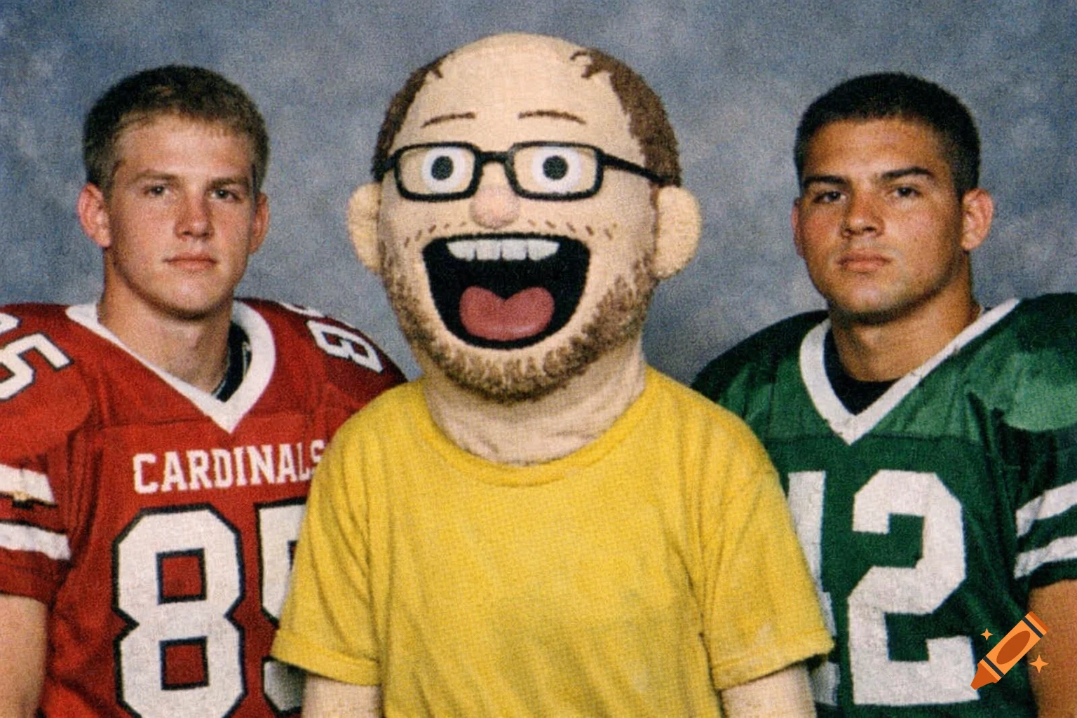 Two male football players in red and green jerseys flank a person in a 'soyjak' mascot costume, a 2003 school yearbook photo.