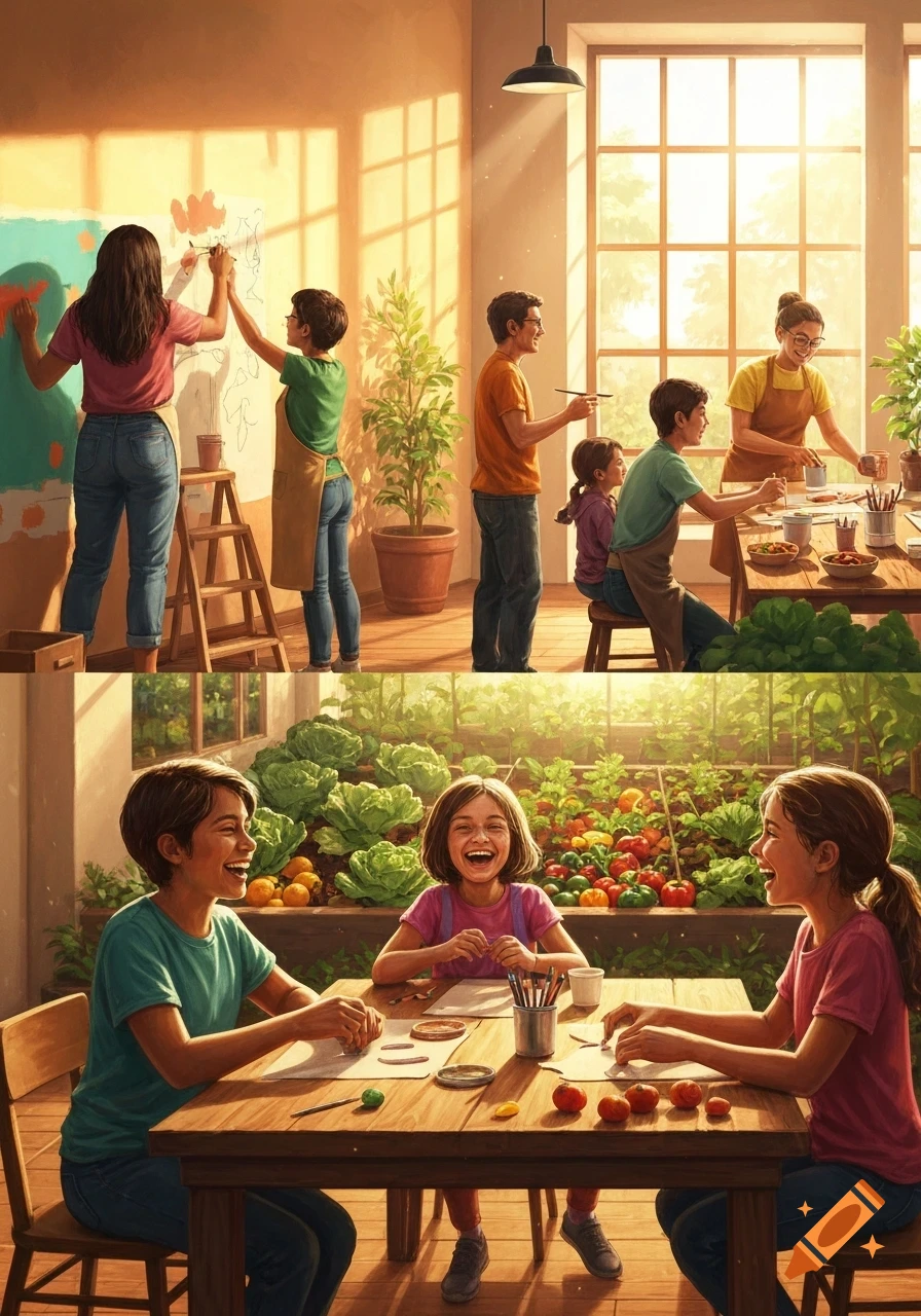 Adults and children paint and craft in a bright community space with an indoor garden, some laughing.