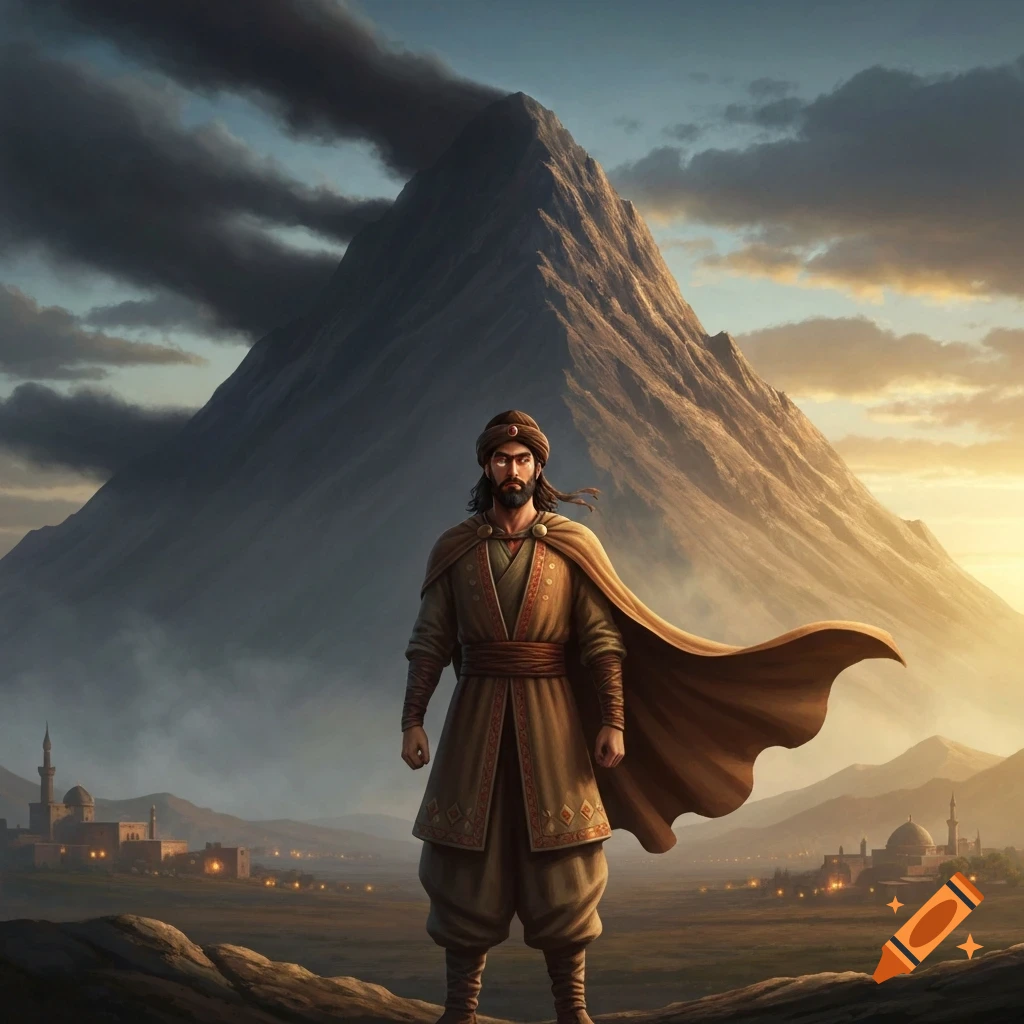 An Iranian hero, Azarnoush, in traditional clothing stands before a massive mountain at dawn, with distant towns glowing, in a painterly, cinematic fantasy style.