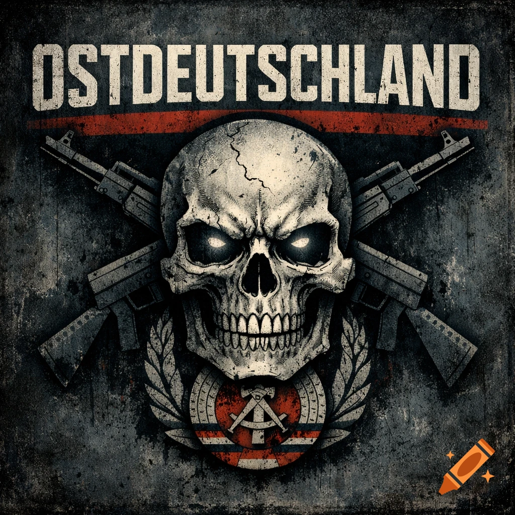 Gritty illustration of a skull with glowing eyes, crossed assault rifles, and East German emblem, with 'OSTDEUTSCHLAND' text.